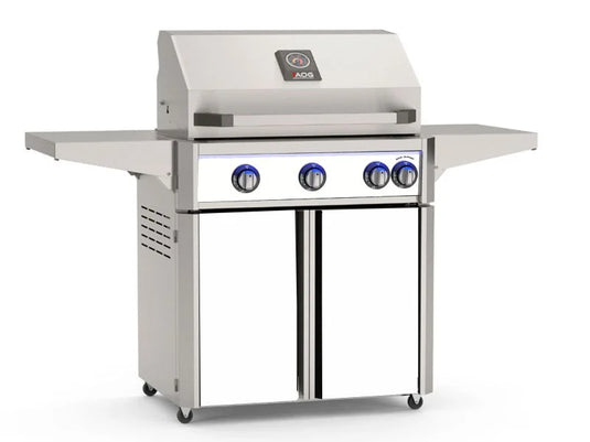American Outdoor Grill AOG L-Series 30-inch 3-burner freestanding gas grill with white accent panels, rear infrared burner, rotisserie kit, internal halogen lights and multi-color LED lighting