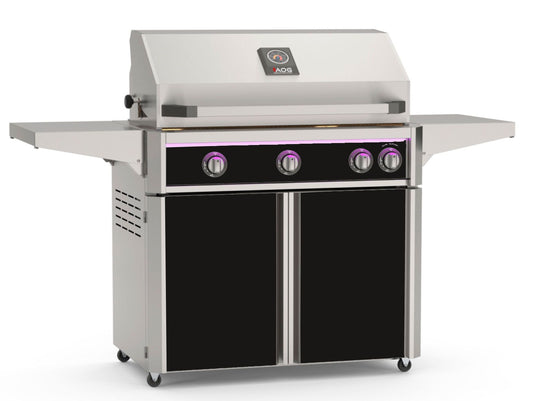 AOG L-Series 36-inch 3-burner gas grill with black accent panels, rear infrared burner, rotisserie kit, internal halogen lights and multi-color LED light bar