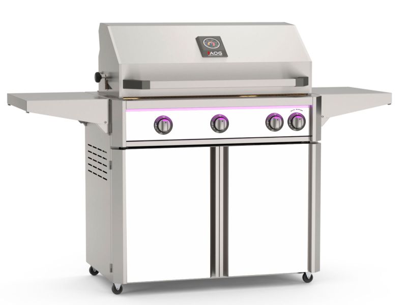 Load image into Gallery viewer, AOG L-Series 36-inch 3-burner gas grill with white accent panels, rear infrared burner, rotisserie kit, internal halogen lights and multi-color LED light bar

