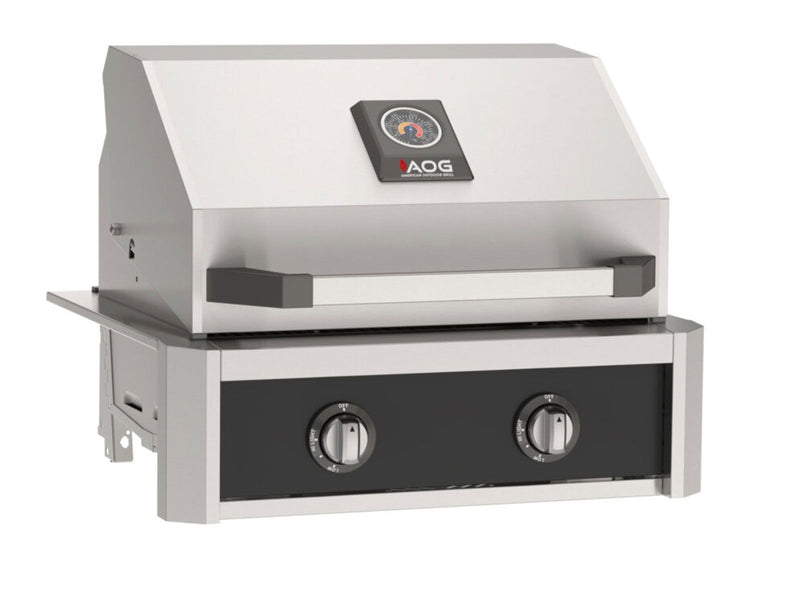 Load image into Gallery viewer, AOG T-Series 24-inch 2-burner built-in gas grill with black accent front panel, Diamond Sear stainless steel cooking grids, and spring-assisted hood
