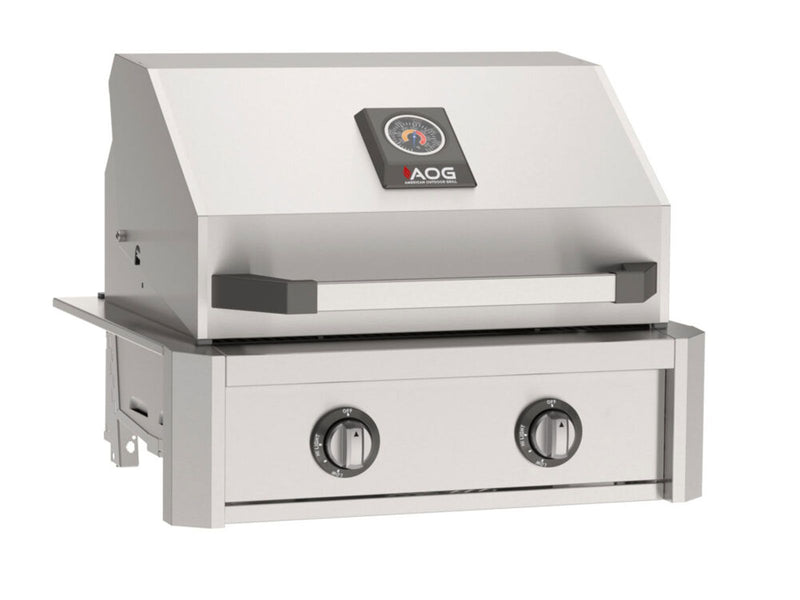 Load image into Gallery viewer, AOG T-Series 24-inch 2-burner built-in gas grill in stainless steel finish with Diamond Sear cooking grids and spring assisted hood
