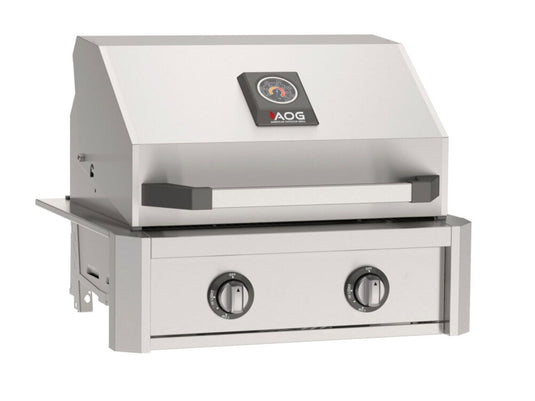 AOG T-Series 24-inch 2-burner built-in gas grill in stainless steel finish with Diamond Sear cooking grids and spring assisted hood