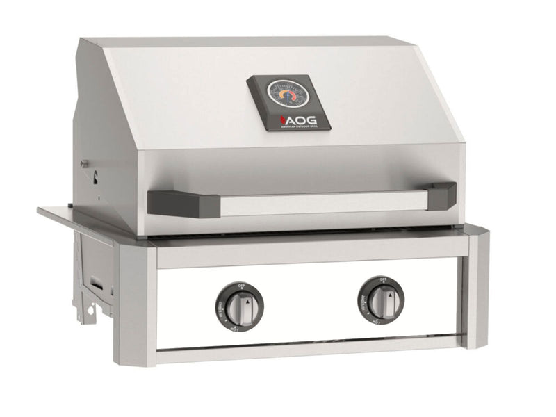 Load image into Gallery viewer, AOG T-Series 24-inch 2-burner built-in gas grill with white accent front panel, Diamond Sear stainless steel cooking grids, and spring-assisted hood
