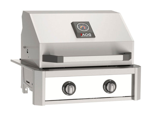 AOG T-Series 24-inch 2-burner built-in gas grill with white accent front panel, Diamond Sear stainless steel cooking grids, and spring-assisted hood