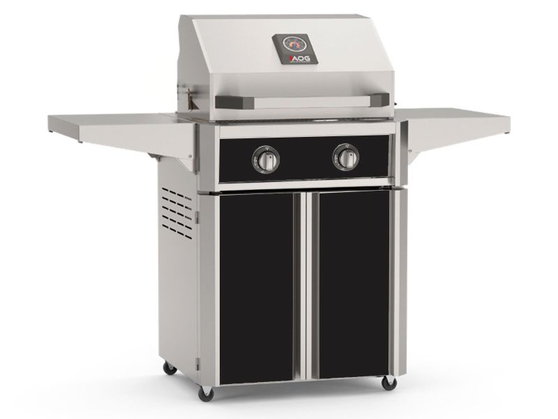 Load image into Gallery viewer, AOG T Series 24 inch 2 burner freestanding gas grill with black accent panels, stainless steel construction and storage cart for outdoor cooking
