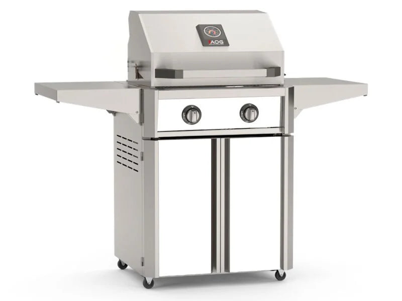Load image into Gallery viewer, AOG T-Series 24-inch 2-burner freestanding gas grill in white with 304 stainless steel construction, side shelves, and storage cart for outdoor cooking
