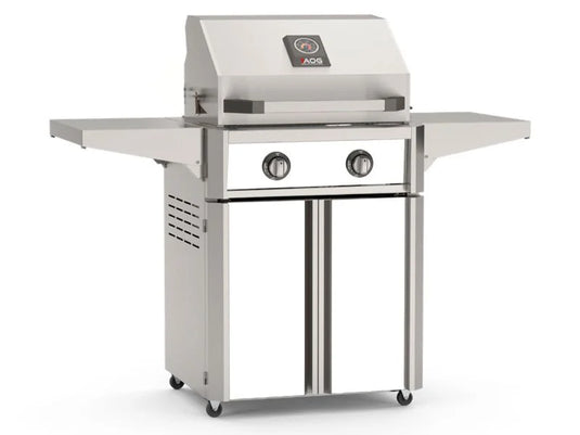 AOG T-Series 24-inch 2-burner freestanding gas grill in white with 304 stainless steel construction, side shelves, and storage cart for outdoor cooking