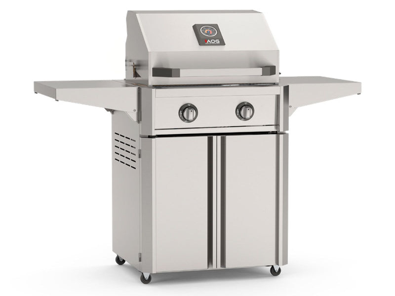 Load image into Gallery viewer, AOG T Series 24 inch 2 burner freestanding stainless steel gas grill with cart and side shelves for outdoor cooking
