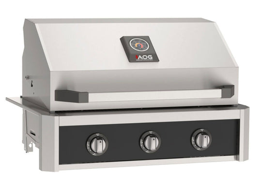 AOG T-Series 30-inch 3-burner built-in gas grill in black accent panel finish with stainless steel burners and spring assisted hood