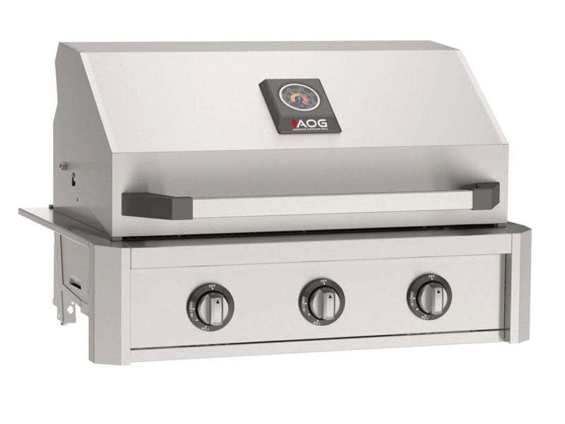 Load image into Gallery viewer, AOG T-Series 30-inch 3-burner built-in gas grill in stainless steel finish with Diamond Sear cooking grids and spring assisted hood

