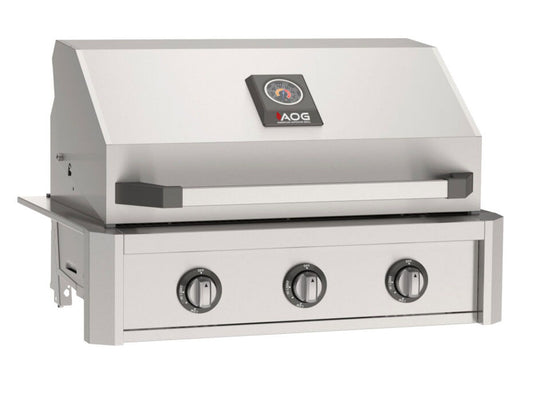 AOG T-Series 30-inch 3-burner built-in gas grill in stainless steel finish with Diamond Sear cooking grids and spring assisted hood