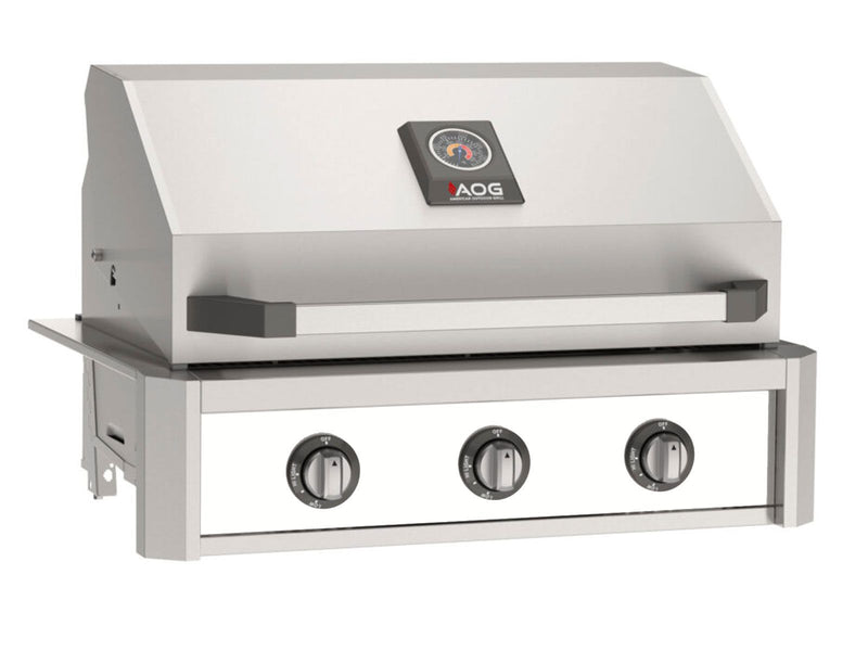 Load image into Gallery viewer, AOG T-Series 30-inch 3-burner built-in gas grill in white accent panel finish with stainless steel cooking grids and spring assisted hood
