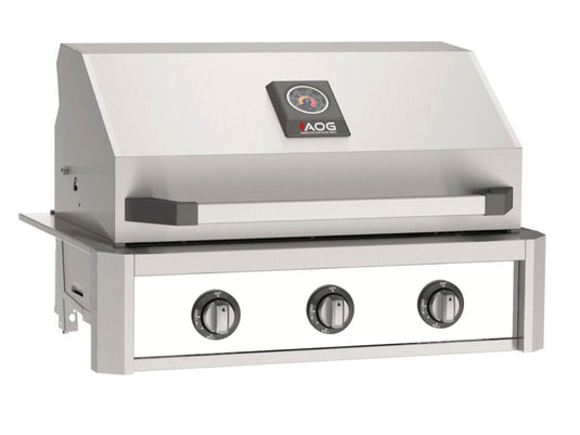 AOG T-Series 30-inch 3-burner built-in gas grill in white accent panel finish with stainless steel cooking grids and spring assisted hood