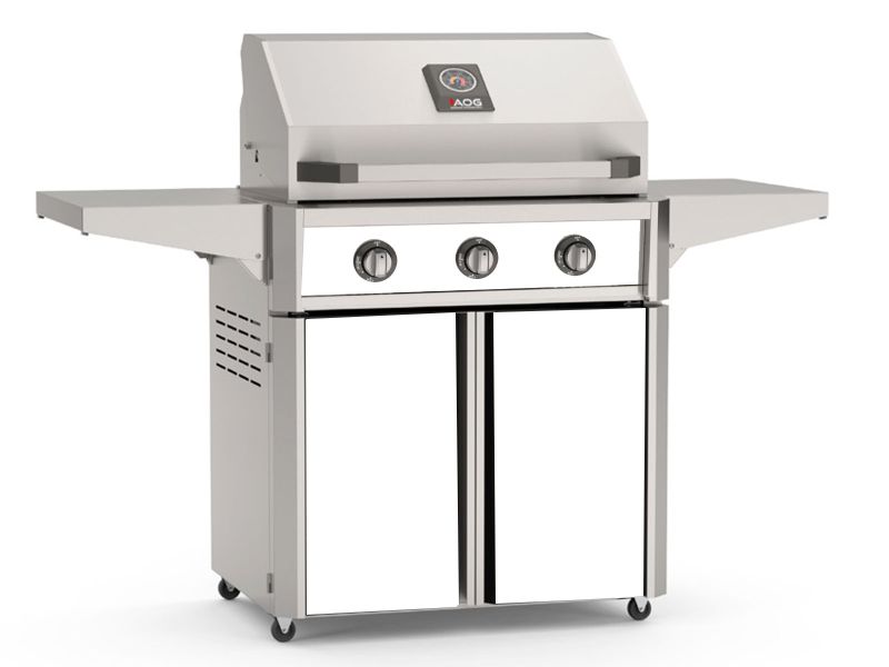 Load image into Gallery viewer, AOG T Series 30 inch 3 burner freestanding gas grill with white accent panels, stainless steel body and storage cart for outdoor cooking
