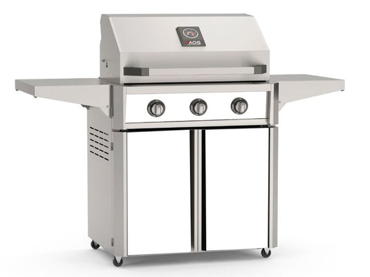 AOG T Series 30 inch 3 burner freestanding gas grill with white accent panels, stainless steel body and storage cart for outdoor cooking