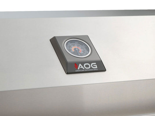 AOG T-Series 36-inch 3-burner built-in gas grill in stainless steel finish with Diamond Sear cooking grids and spring assisted hood