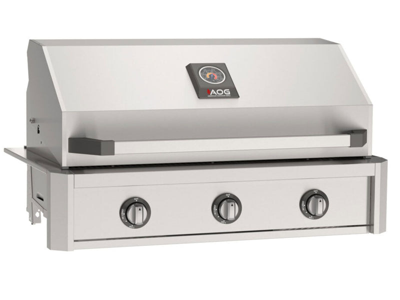 Load image into Gallery viewer, AOG T-Series 36-inch 3-burner built-in gas grill in stainless steel finish with Diamond Sear cooking grids and spring assisted hood
