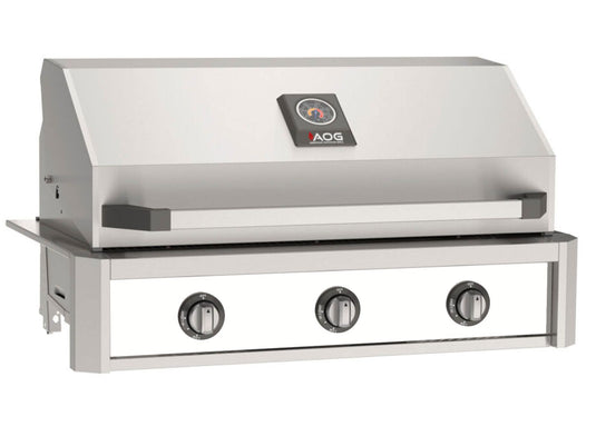 AOG T-Series 36-inch 3-burner built-in gas grill in white accent panel finish with stainless steel cooking grids and spring assisted hood