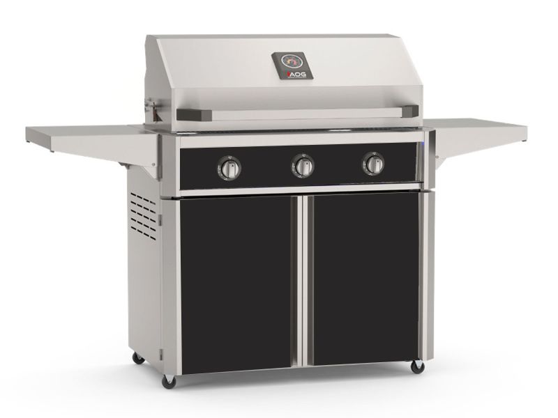 Load image into Gallery viewer, American Outdoor Grill AOG T-Series 36-inch 3-burner freestanding gas grill with black accent panels, cart, side shelves and analog thermometer
