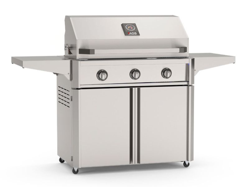 Load image into Gallery viewer, American Outdoor Grill AOG T-Series 36-inch 3-burner freestanding stainless steel gas grill with cart, side shelves and analog thermometer
