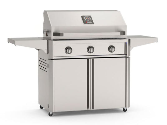 American Outdoor Grill AOG T-Series 36-inch 3-burner freestanding stainless steel gas grill with cart, side shelves and analog thermometer