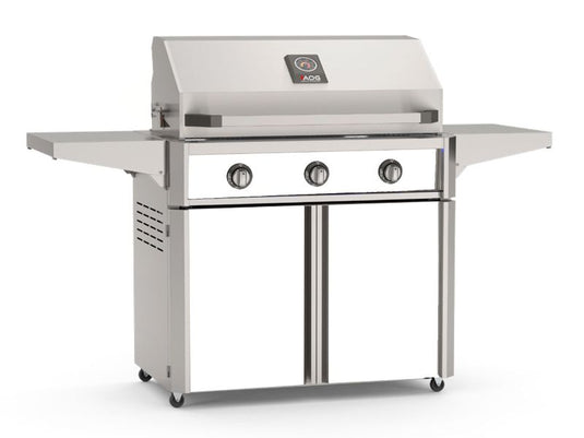 AOG T-Series 36 inch 3 burner gas grill with white accent panels freestanding cart model outdoor stainless steel barbecue grill