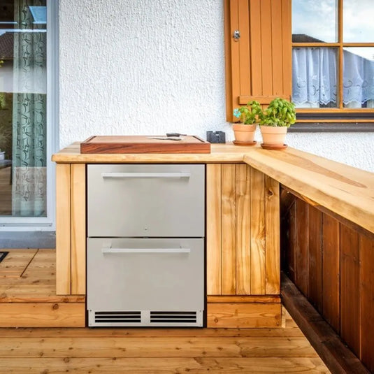 Avanti 24-inch indoor outdoor double drawer refrigerator in stainless steel