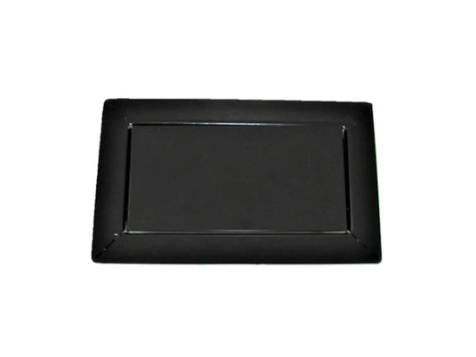Black fireplace ash dump door shown closed