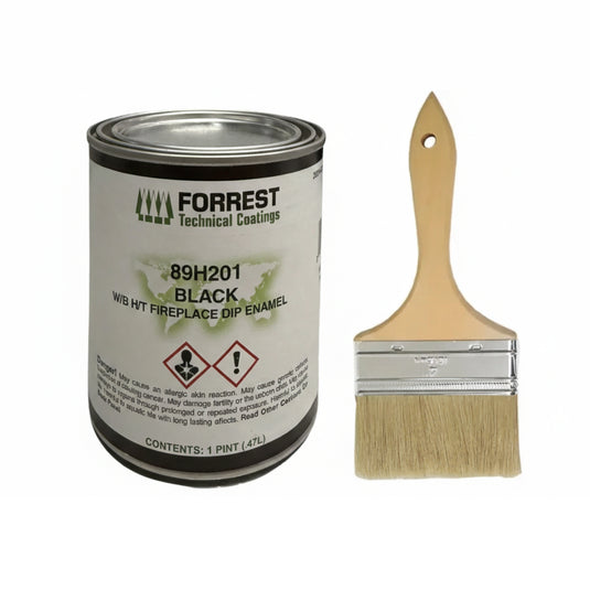 Blackout paint kit with 4 inch double road chip brush for fireplaces and firebrick restoration