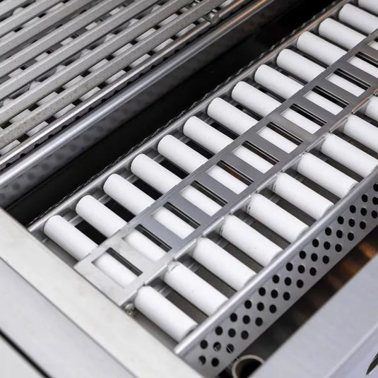 Blaze ceramic flame tamer set of 5 for gas grills, featuring 304 stainless steel trays and white ceramic rods for even heat and reduced flare-ups