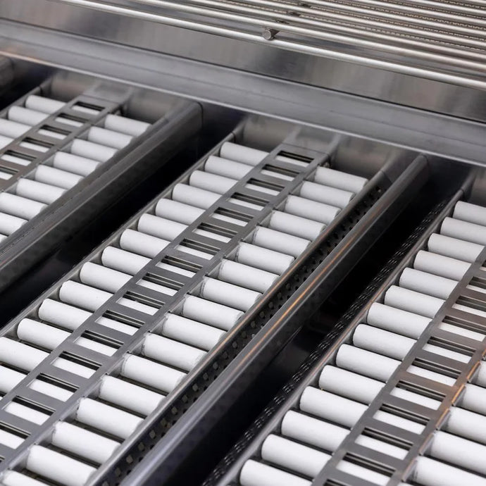 Blaze ceramic flame tamer set of 5 for gas grills, featuring 304 stainless steel trays and white ceramic rods for even heat and reduced flare-ups