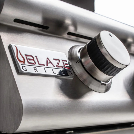 Close-up of a Blaze Grill control knob with the Blaze Grill logo.