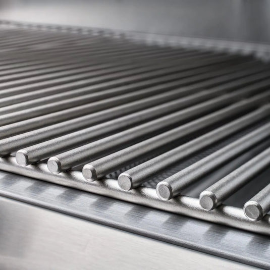Close-up of a Blaze LBM 25-Inch 3-Burner Freestanding Gas Grill in Stainless Steel with Cart grate on a barbecue