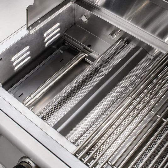 Close-up of a Blaze LBM 25-Inch 3-Burner Freestanding Gas Grill in Stainless Steel with Cart with open lid showing interior components.