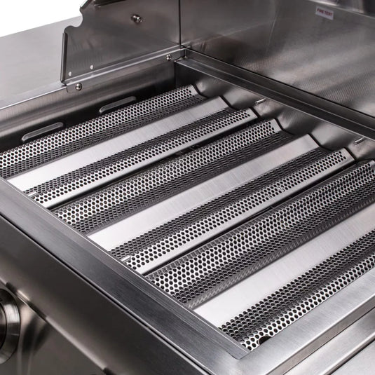 Close-up of Blaze LBM 25-Inch 3-Burner Freestanding Gas Grill in Stainless Steel with Cart with perforated grates