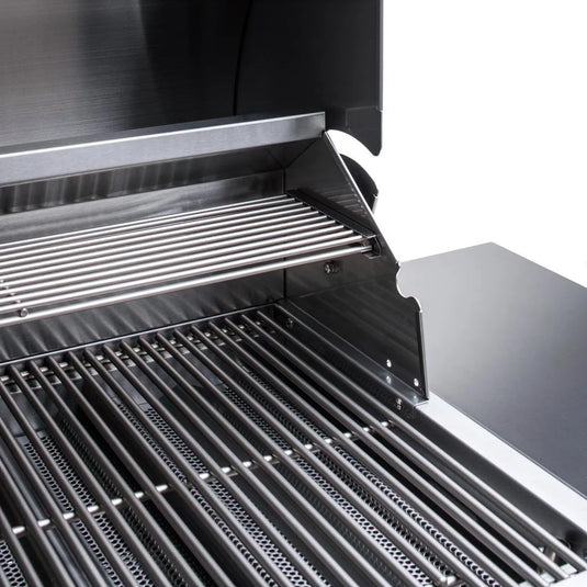 Close-up of Blaze LBM 25-Inch 3-Burner Freestanding Gas Grill in Stainless Steel with Cart with open lid