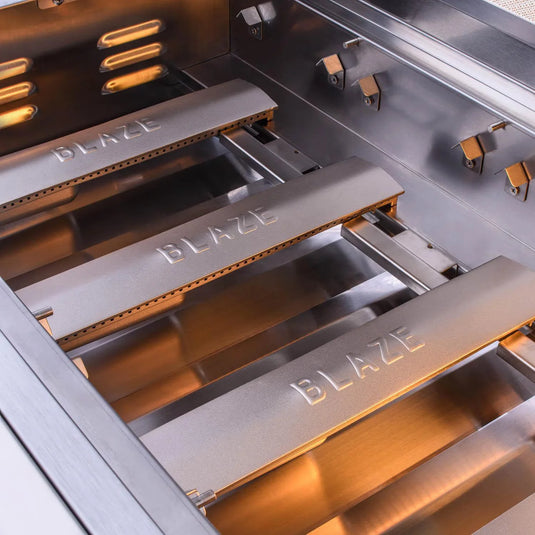 Blaze LTE 32-inch stainless steel gas grill island center with storage drawers and double doors