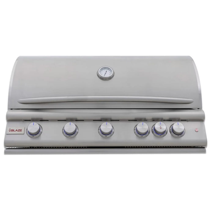 Blaze LTE+ 40-inch 5-burner built-in gas grill with lift-assist hood and rear infrared burner, stainless steel finish