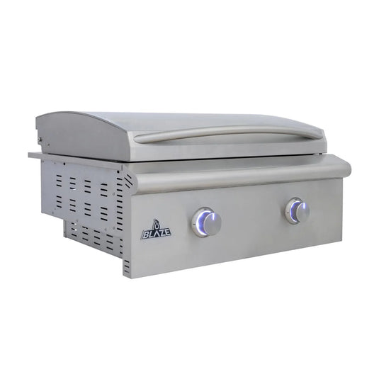 Blaze LTE+ 30-Inch built-in propane gas griddle with lift-assist hood, stainless steel outdoor cooking appliance