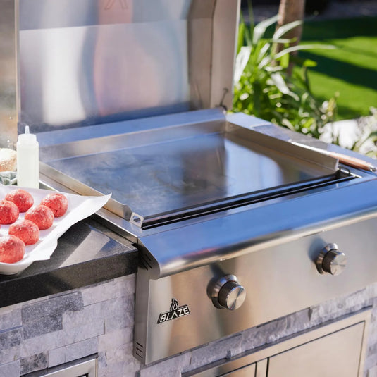 Blaze LTE+ 30-Inch built-in propane gas griddle with lift-assist hood, stainless steel outdoor cooking appliance