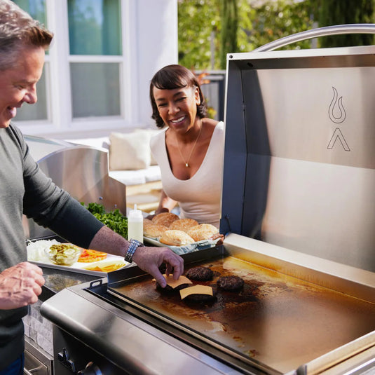 Blaze LTE+ 30-Inch built-in propane gas griddle with lift-assist hood, stainless steel outdoor cooking appliance