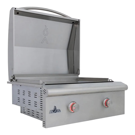 Blaze LTE+ 30-Inch built-in propane gas griddle with lift-assist hood, stainless steel outdoor cooking appliance
