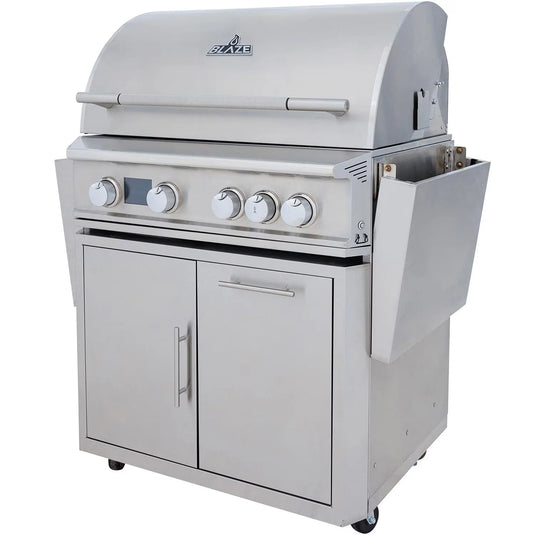 Blaze LTE PRO 32-inch 4-Burner Propane Grill with digital temperature screen, rotisserie kit, and 12mm hexagonal stainless steel grates