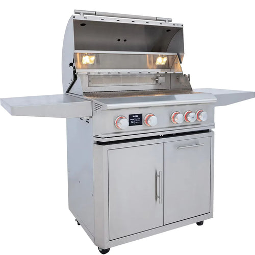 Blaze LTE PRO 32-inch 4-Burner Propane Grill with digital temperature screen, rotisserie kit, and 12mm hexagonal stainless steel grates