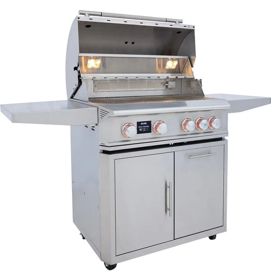 Blaze LTE PRO 32-inch 4-Burner Propane Grill with digital temperature screen, rotisserie kit, and 12mm hexagonal stainless steel grates