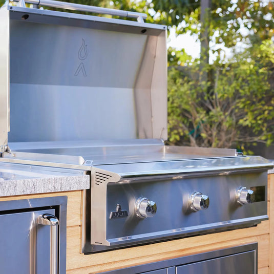 Blaze LTE PRO 40-Inch built-in gas griddle with digital temperature screen and lift-assist lid in stainless steel
