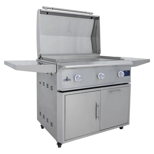 Blaze LTE PRO 40-inch gas griddle with digital temperature screen, lift-assist lid, and three burners, available in propane and natural gas