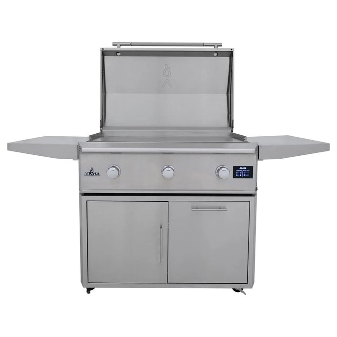 Blaze LTE PRO 40-inch gas griddle with digital temperature screen, lift-assist lid, and three burners, available in propane and natural gas