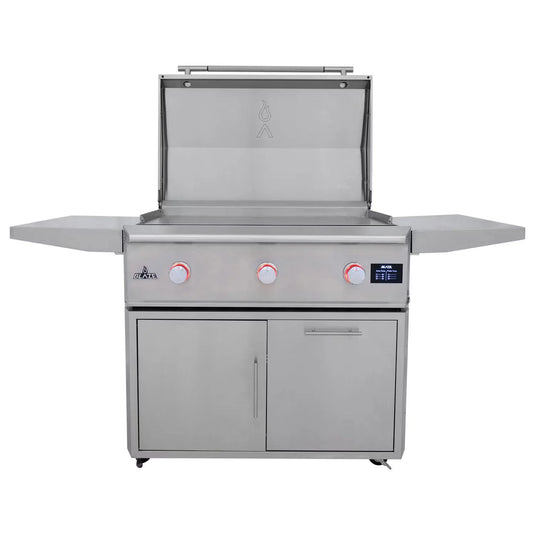 Blaze LTE PRO 40-inch gas griddle with digital temperature screen, lift-assist lid, and three burners, available in propane and natural gas