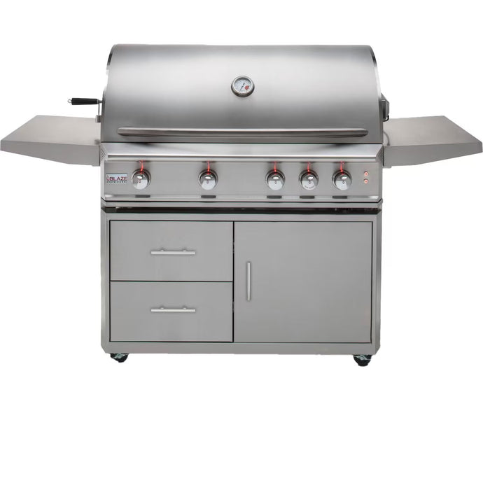 A stainless steel Blaze Professional LUX 44-Inch 4-Burner Grill with a rear infrared burner, featuring a closed hood, side shelves, and a push-and-turn flame-thrower ignition system.